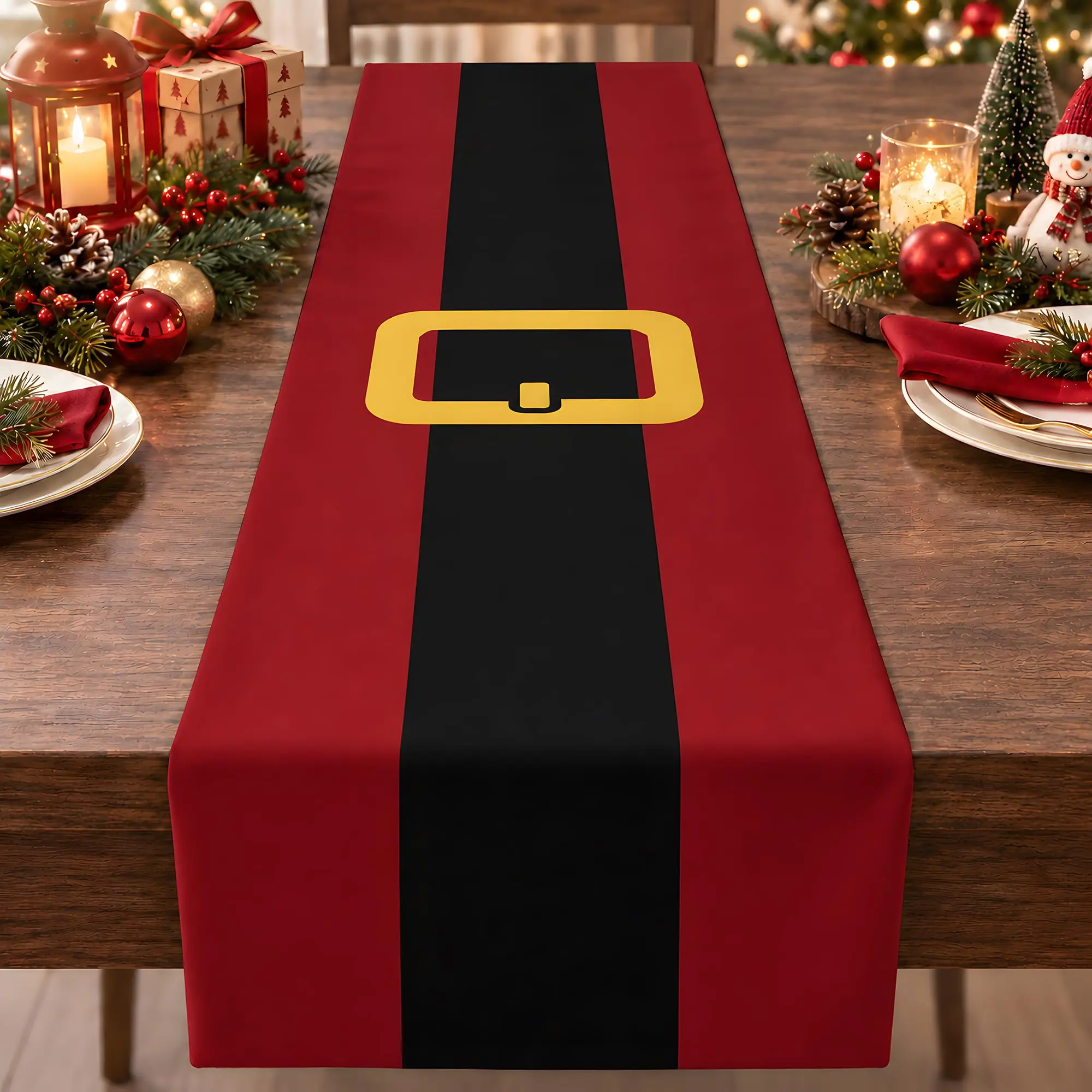 Christmas Table Runner Santa Belt Design Red Black Stripe Golden Buckle Tablecloth Holiday Dining Table Decor for Xmas Party