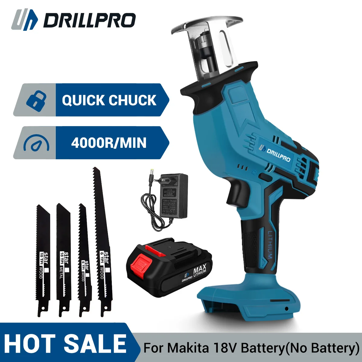 Drillpro 18V Reciprocating Saw Cordless Chainsaw Wood Metal PVC Pipe Cutting Tools With 4 Blades Power Tool For Makita Battery