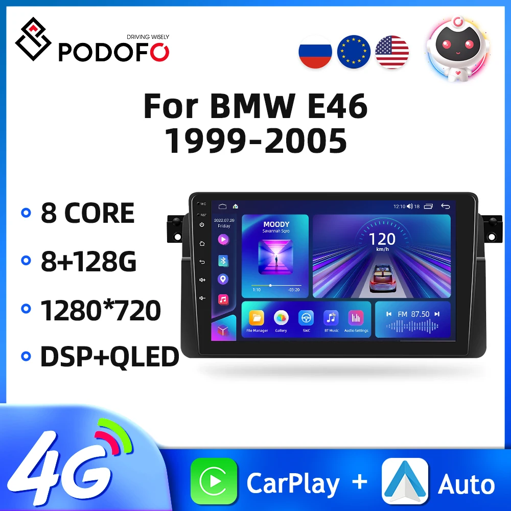 Podofo Android 2din Car Radio For BMW E46 1999-2005 Multimedia Video Player GPS Navigation 4G AI Voice Carplay Autoradio DSP RDS