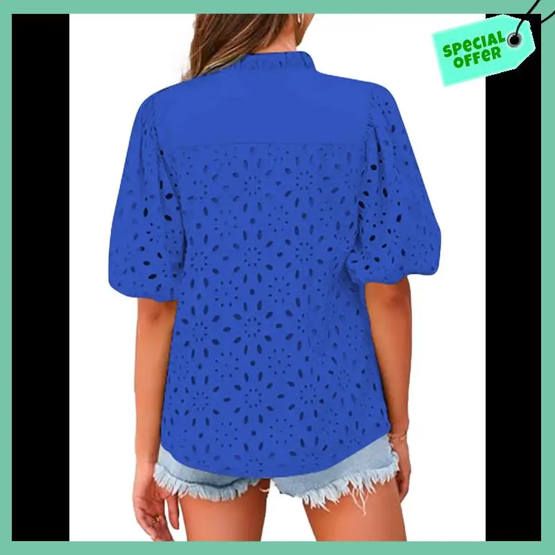 

Sturdy Women's Summer Tops 2025 Dressy Casual Short Sleeve V Neck Buttons Hollow Out Lace Embroidered Blouses Shirts