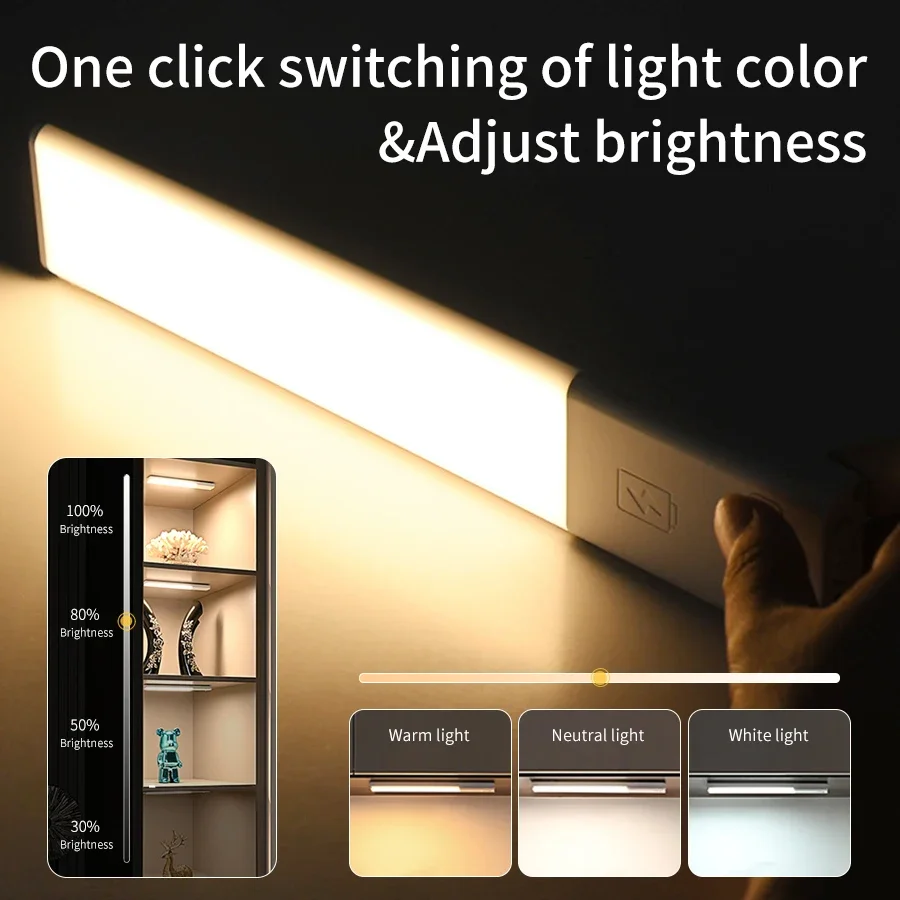 Sensor de corpo humano automático inteligente, 25cm, luzes de barra led, recarregável, luzes de armário, atração magnética, 3 cores, luz noturna