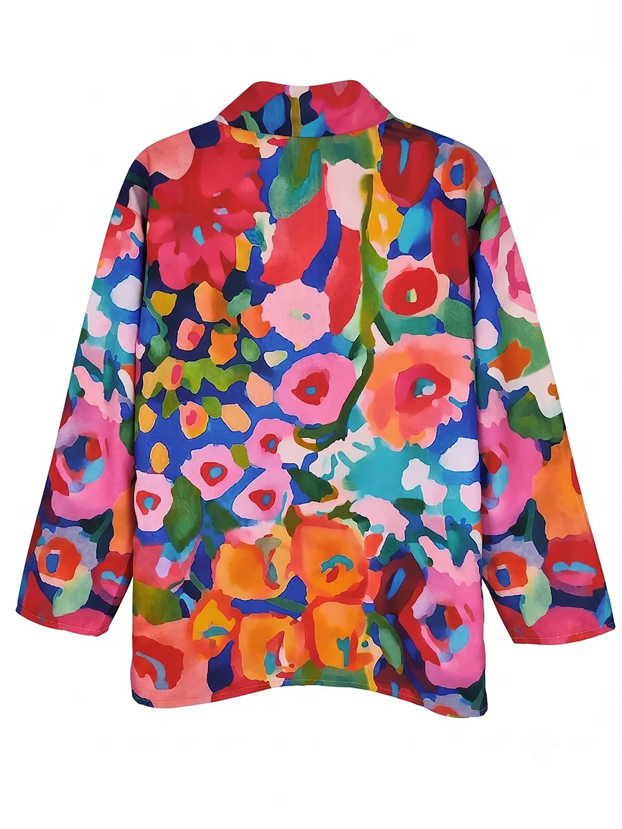 Women Fashion Plus Size Floral Print Blouse Loose Button Down Shirt Vintage Abstract Colorful Art Long Sleeve Casual Top image 4