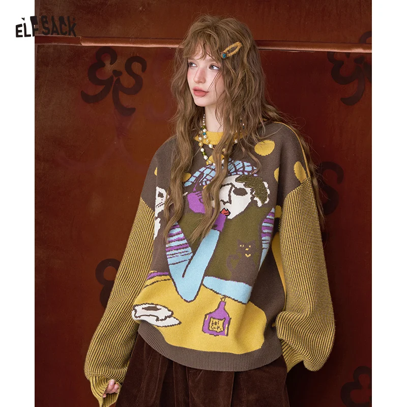 ELFSACK Y2K Artistic Graphic Stripe Long Sleeve Sweater For Women