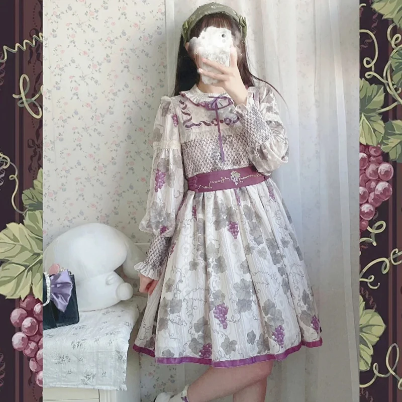 Abito vittoriano Lolita OP gotico elegante donna Halloween uva stampa manica lunga abiti da principessa ragazze Vintage Tea Party Dress