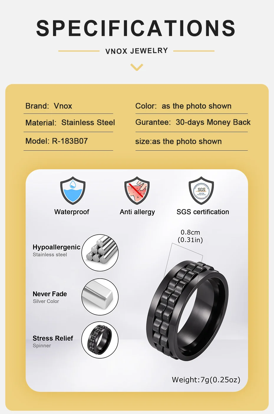 Vnox 8mm Drehbarer Schwarz/Blauer Zahnrad-Fidget-Ring für Männer und Jungen, Edelstahl Anti-Stress Angst-Spinner-Ring, Punk-Schmuck Geschenk – Detail 5