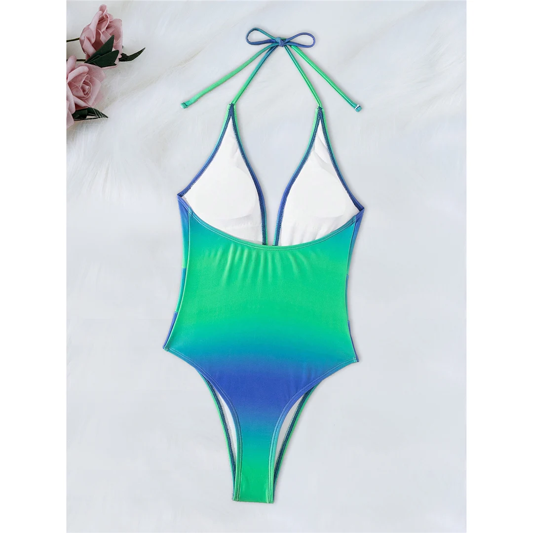 Tief ausgeschnittener, rückenfreier, einteiliger Badeanzug mit Halterneck und Batikmuster für Damen, High-Cut-Monokini, Badebekleidung, Badeanzug, Modell V6314 – Detail 6