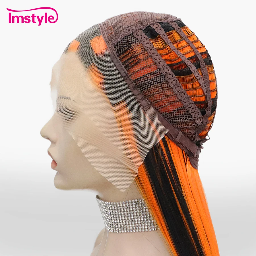 Imstyle 44'' Super Long Wig Synthetic Lace Front Wig Orange Highlight Black Wigs For Women Heat Resistant Fiber Cosplay Wig