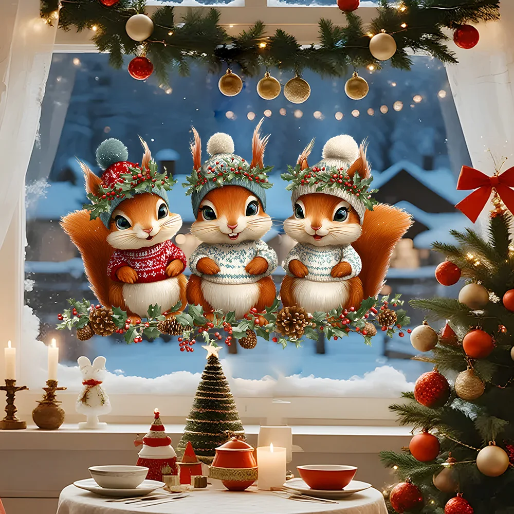 Electrostatic UV Cartoon Christmas Squirrel Electrostatic Glass Sticker for Christmas Decoration
