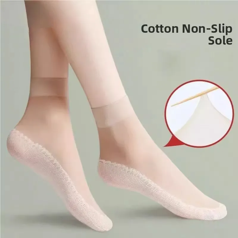 

Женские тонкие хлопковые носки из кристаллического шелка, утолщенные, летние, телесного цвета, короткие, устойчивые к затяжкам, износостойкие, нескользящие.