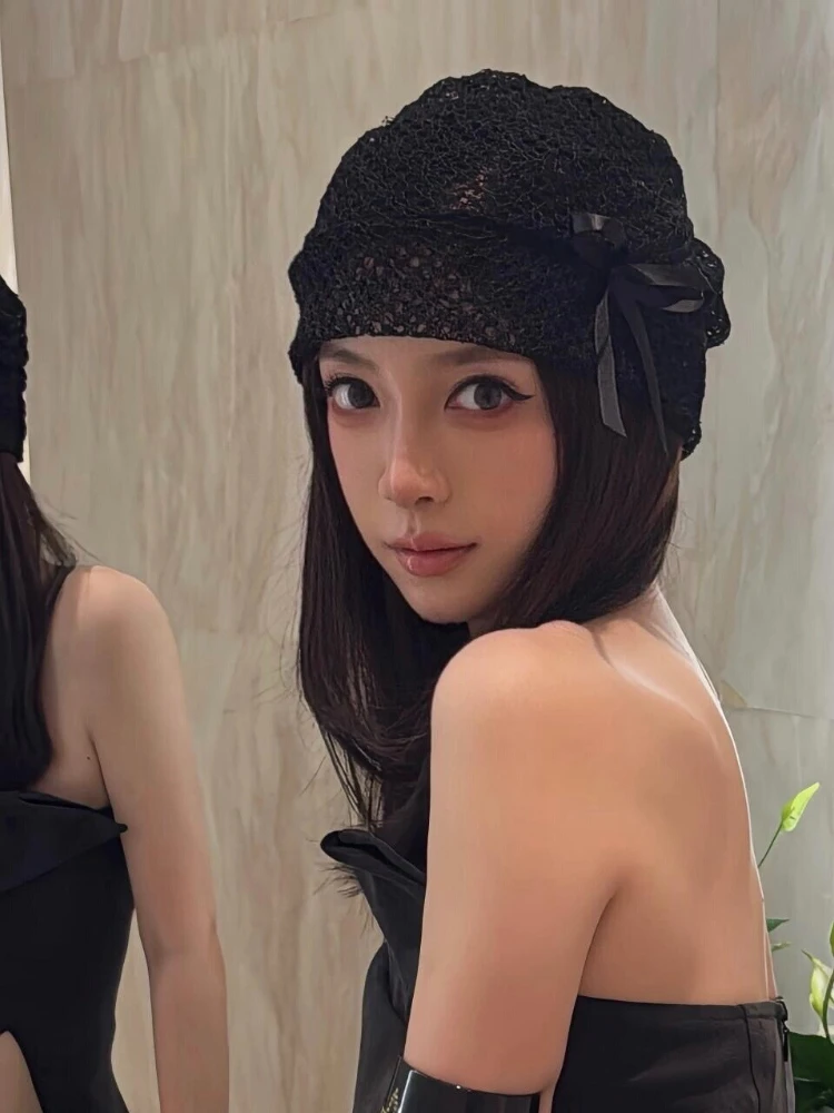 

Lace Bow Slunchy Beanie Black Stretchy Thin Skull Cap for Women Y2K Retro Spring Autumn Fashion