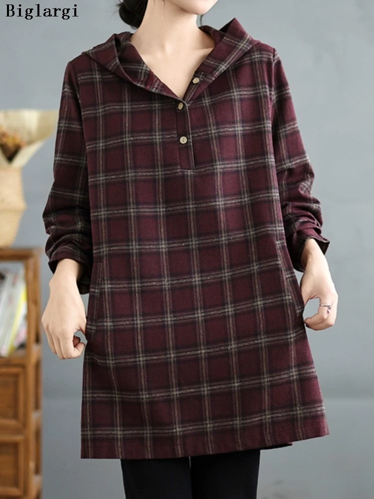 

Oversized Plaid Striped Hooded Shirt Women Cause Loose Fashion Ladies Shirts Long Sleeve Woman Spring Shirt