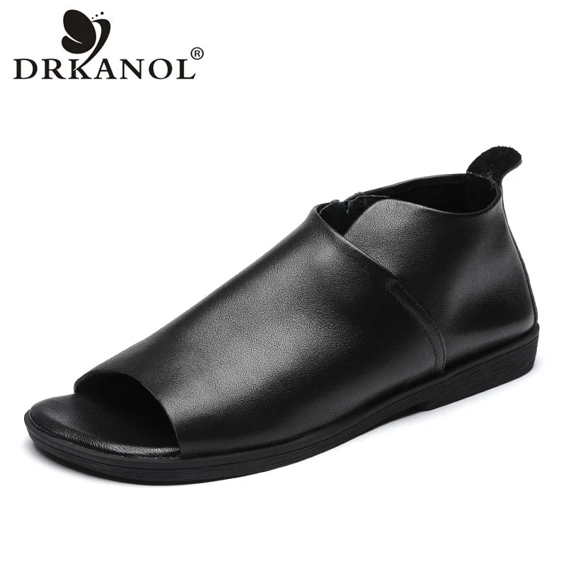 DRKANOL Retro Women Flat Sandals Summer Slip-on Shoes 100% Genuine Leather Soft Rubber Sole Cover Heel Open Toe Casual Sandals