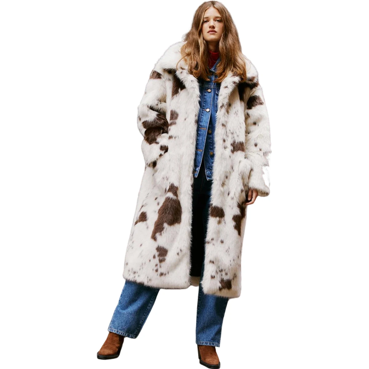 Hot New Faux Fur Coat Cow Pattern Thickened Comfortable Lapel Mid-Length Women\'s Faux Fox Fur Coat