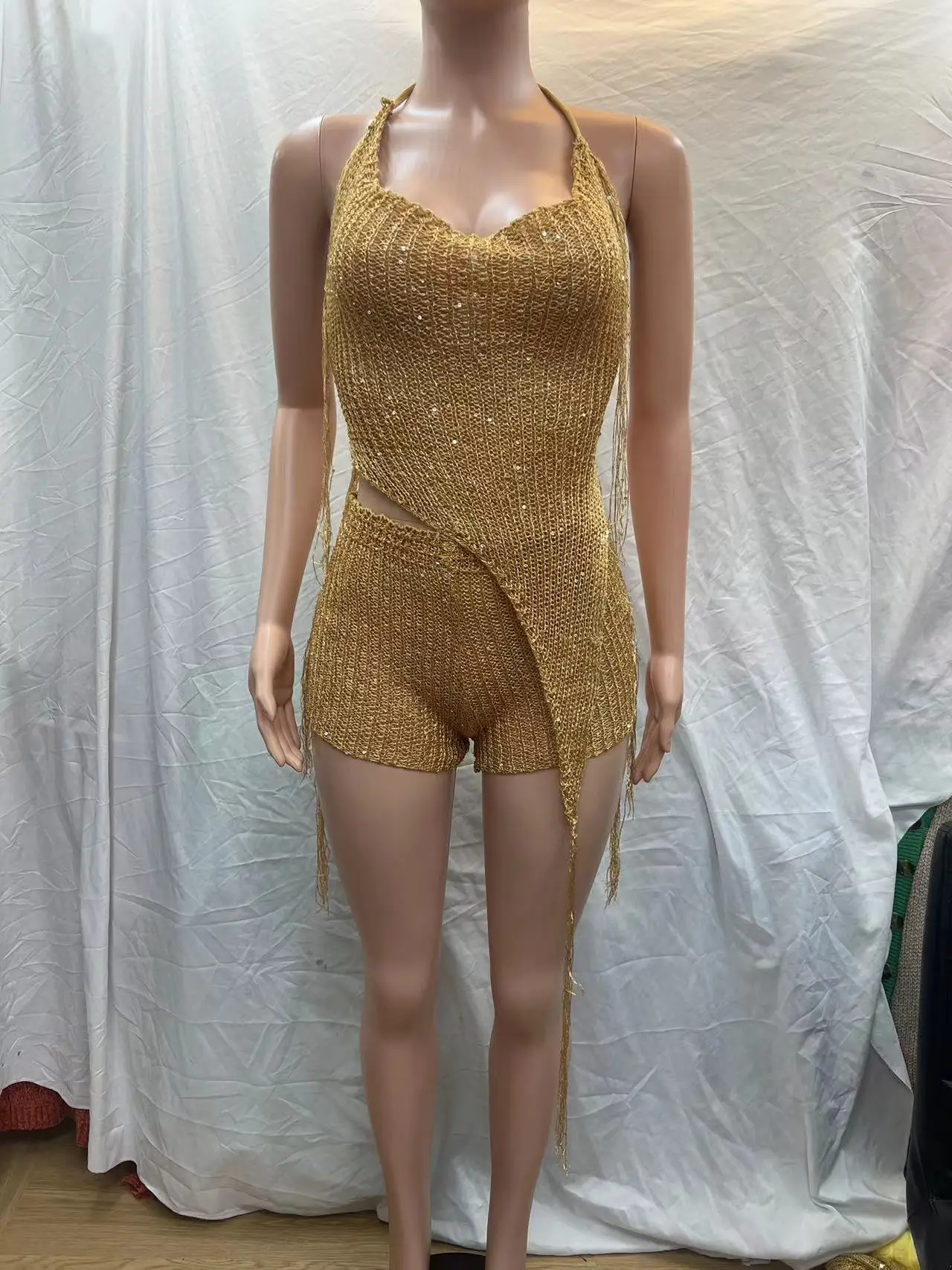 2024 Bandage Sequined Knitted Short 3 Piece Set Sexy See Through Irregular Crop Top + Shorts Scarf Night Club wear Beach Outfits