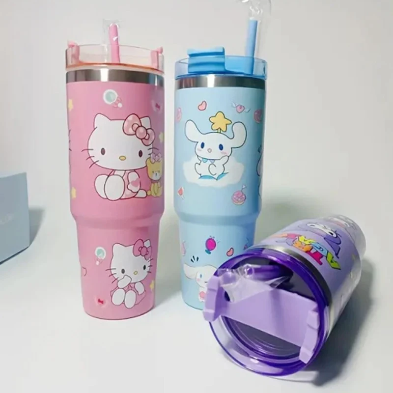 900Ml Kuromi Stainless Steel Insulated Mug Hello Kitty Drinking Cup High Capacity Car Cup Drinks Coke Coffee Mug Plastic Cup