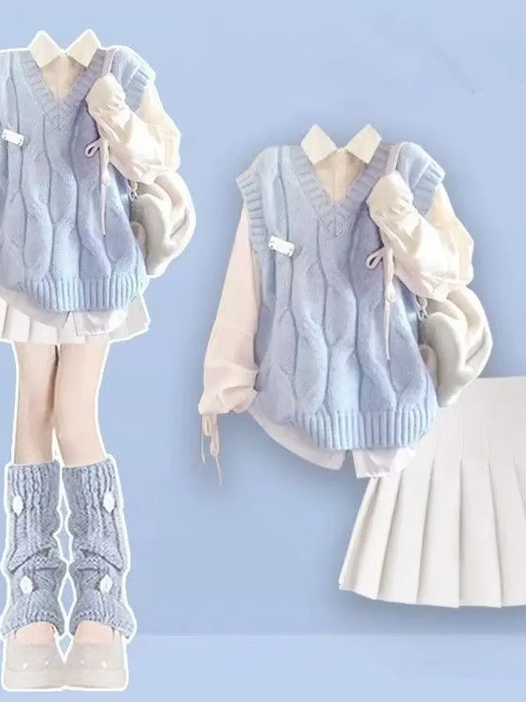 

Весенне-осенний новый комплект платья в стиле Академии Дофамина 2024, женский жилет, рубашка на шнурке и белая плиссированная юбка