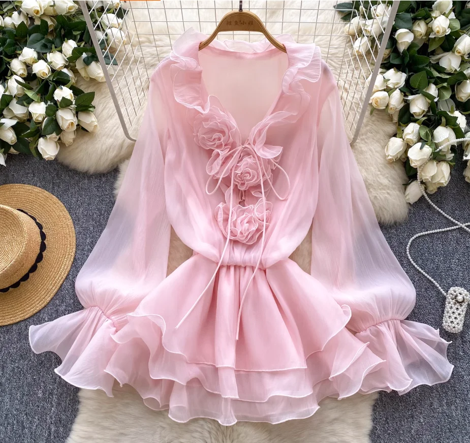 

2025 new women's fashionable V-neck three-dimensional flower lace up waist cinched ruffle edge chiffon dress for women