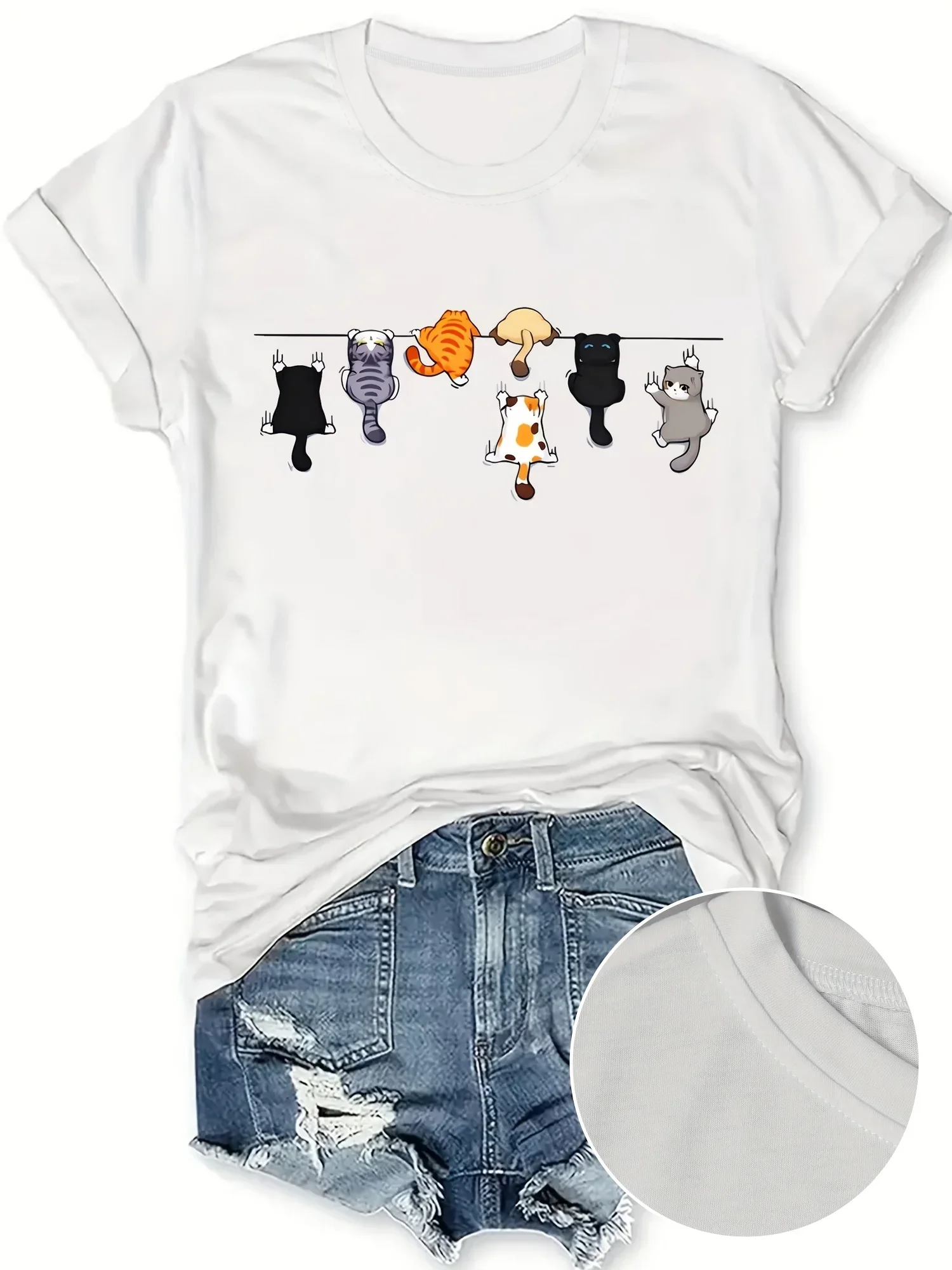 เสื้อยืดแฟชั่นผู้หญิงลายแมวน่ารัก แขนสั้น สไตล์ฮาราจูกุ ลำลอง ใส่สบาย คอกลม เสื้อสตรีทแวร์ ยุค Y2K