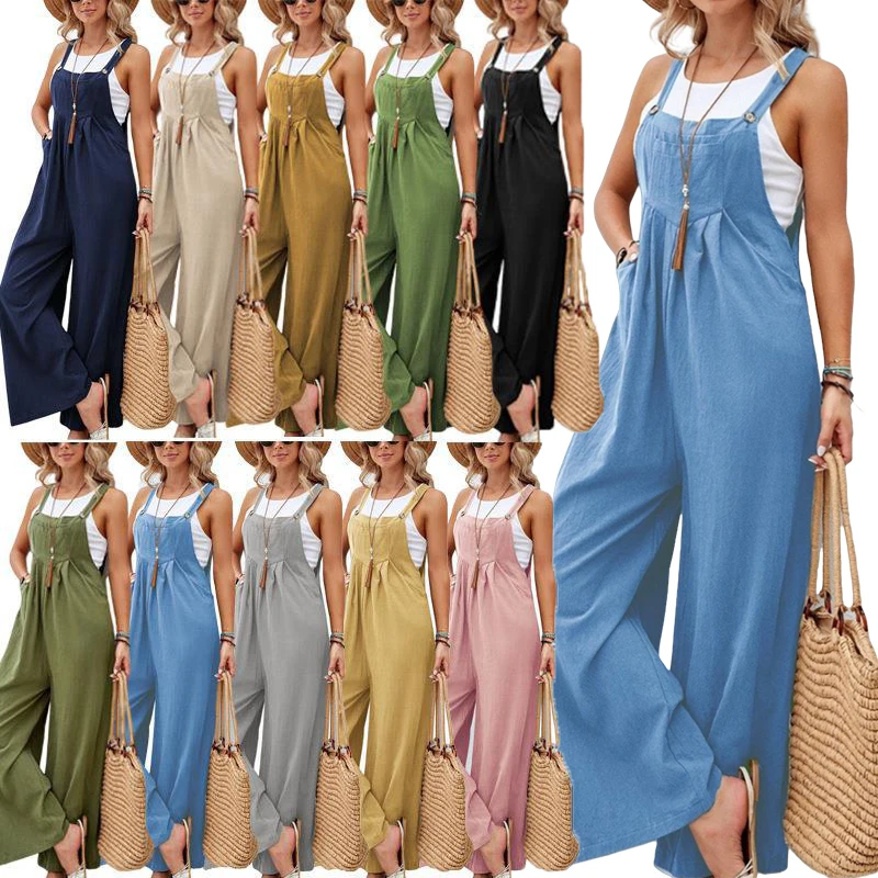 Rompers Multi-color Retro Casual Cotton Suspender Long Pant Pockets Straight Wide Leg Strap Jumpsuit Loose Overalls Summer New