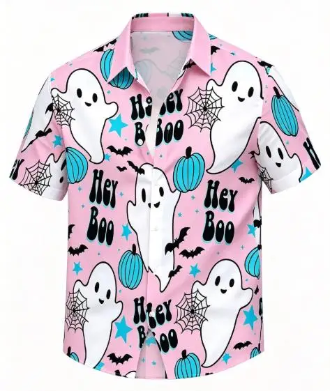 Men Halloween Hey Boo Ghost Short Sleeve Shirt Pumpkin Bat Spider Web Star Print Turn‑Down Collar Party Shirts