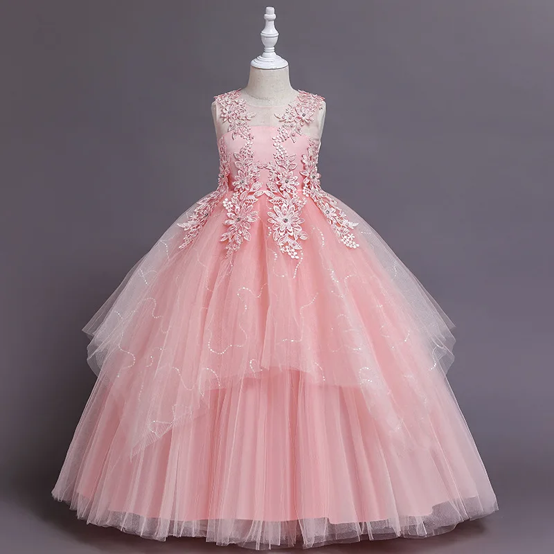 

Girls Appliques Princess Dress Children Long Fluffy Gauze Dress Kids Birthday Party Ball Gown First Communion Bridesmaid Wedding