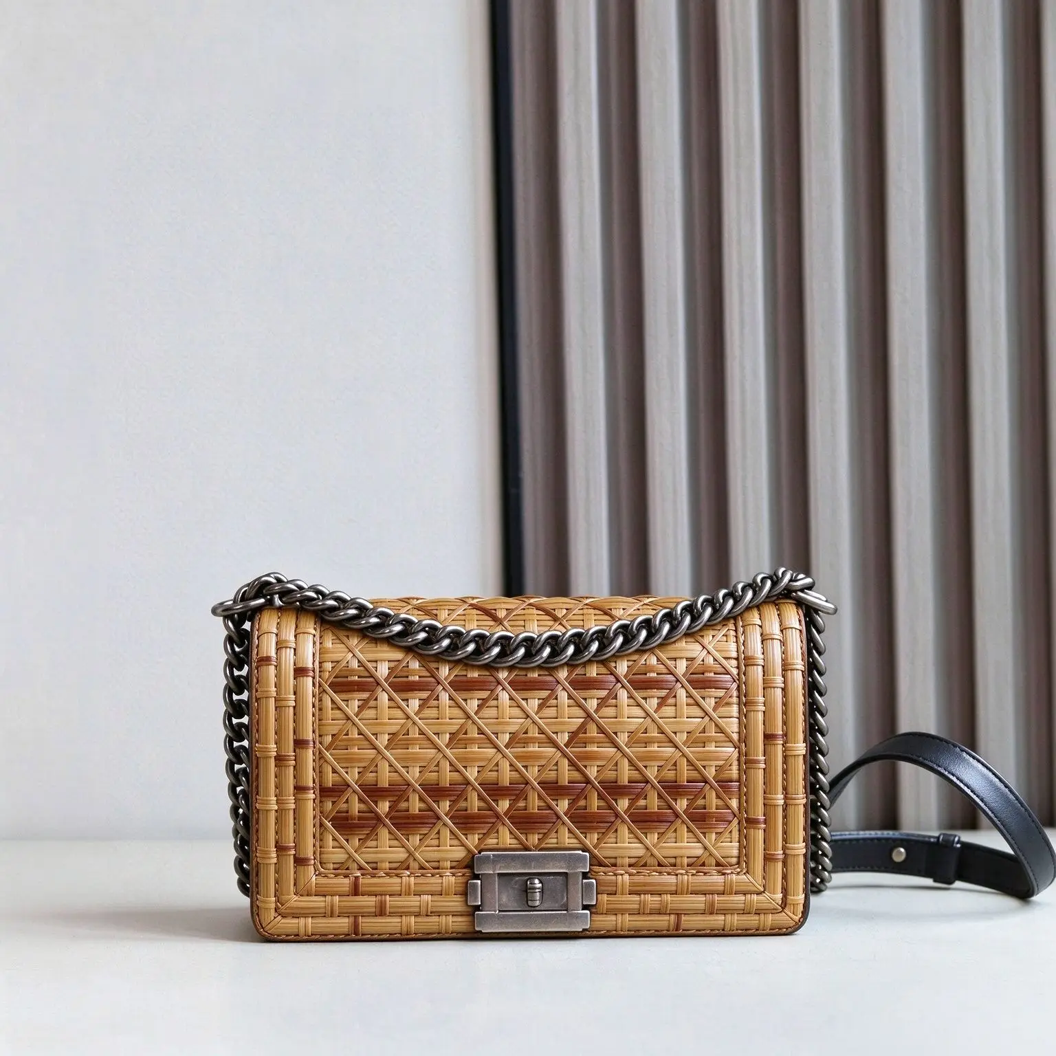 Boho Style Rattan Woven Women Chain Shoulder Bag Geometric Lattice Pattern Removable Dual-purpose Strap Holiday Daily Crossbody Bag