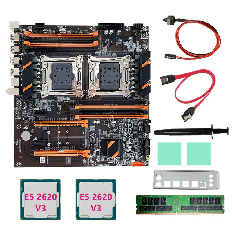 

X99 Dual CPU Motherboard+2XE5 2620 V3 CPU Spare Parts DDR4 4G RECC RAM+SATA Cable+Baffle+Thermal Grease LGA 2011 For 2011-V3 CPU