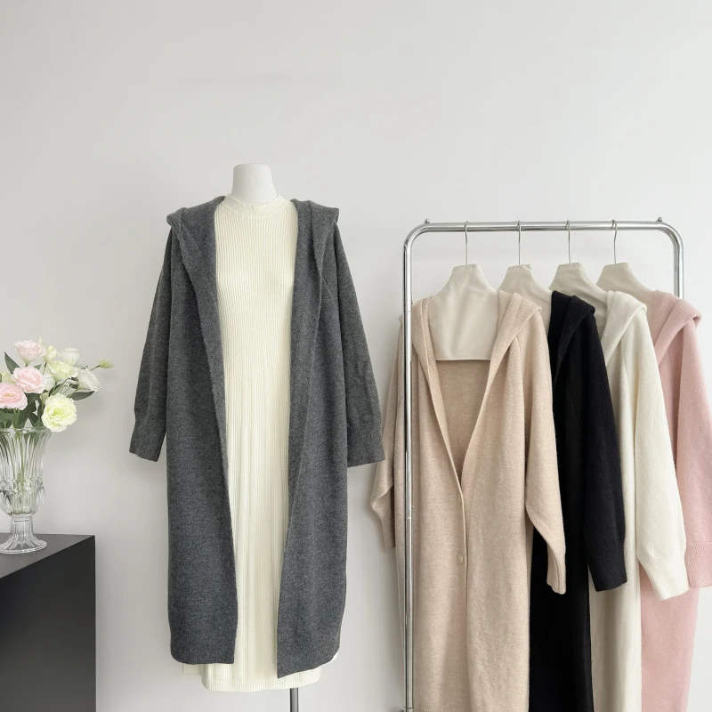 

MEXZT Hooded Long Knitted Cardigan Women Fashion Black Sweater Outerwears Korean Pink Knitwears Winter Long Sleeve Loose Jumpers