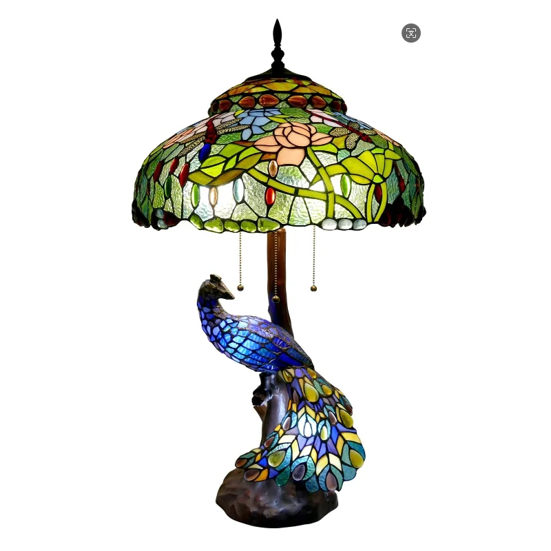 

Style stained glass dome lampshade AC powered desk lamp with peacock base for bedside table reading