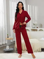 Long Sleeves Women's Pajamas Sets Notched Collar Front Button Top & Plaid Long Pants 2 Pieces Sleepwear Homewear Nightwear Suit