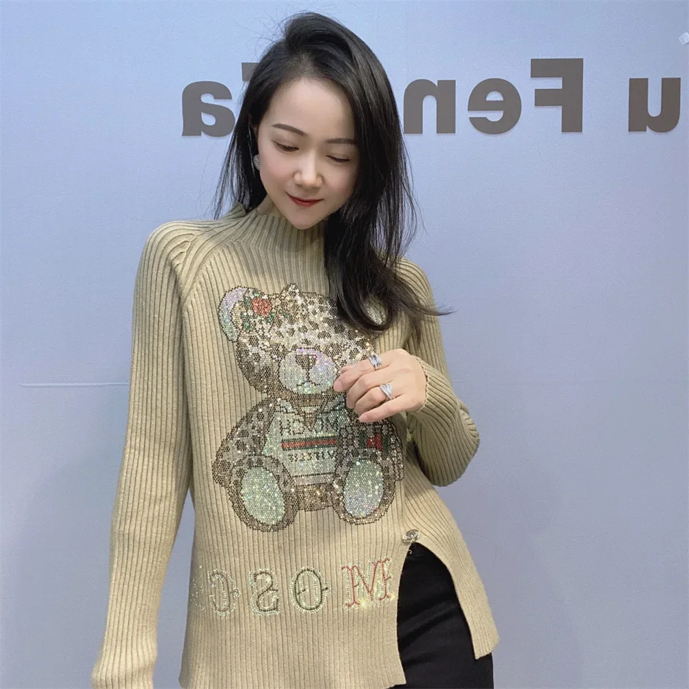 Half High Collar Women Knitting Basic Top New Autumn Winter Fashion Cute Bear Hot Drilling Pullover Top Stretch Slimming Sweater