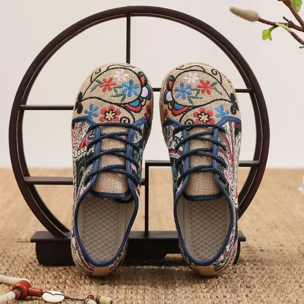 Careaymade-Hot Flats Women Shoes Embroider Retro Lace-up Round Toe Cotton Linen New Handmade Concise Comfortable Ladies Shoes