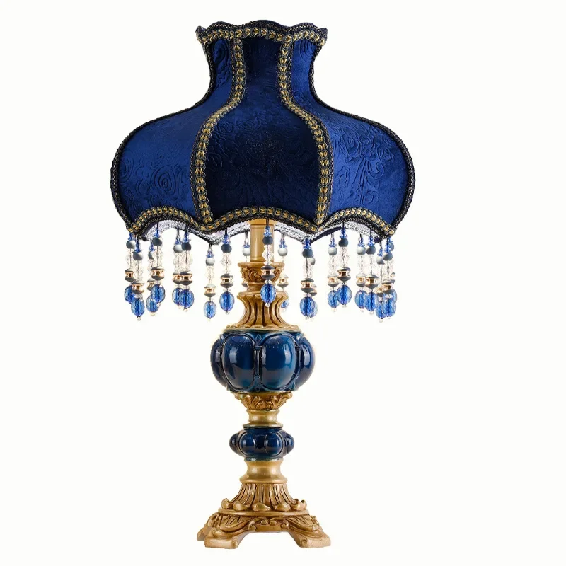 Retro Blue cloth cover Table Lamp Creative Luxury Lamp Wedding Room Modern European Living Room  Bedroom Bedside Desk Lamp