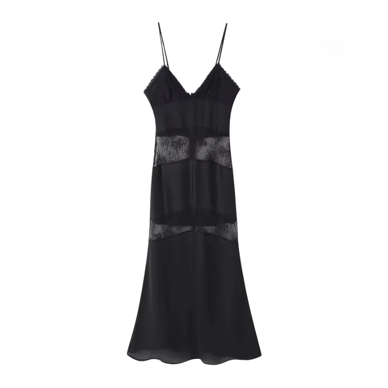 

TRAFZR Black Silk Slip Dress - Lace Trim V-Neck Spaghetti Strap Nightgown-Inspired S/S Elegance