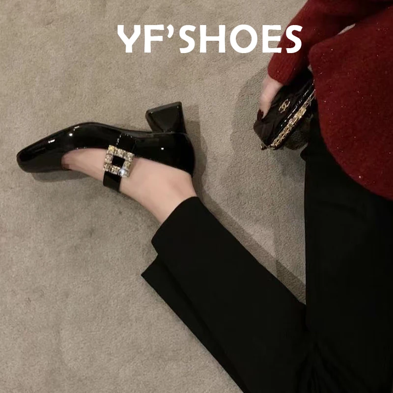 

Ele Mary Jane High Heels with Rhinestone Bule Calfskin Faionable Youth Footwear for Daily Wear Glued Rubber Sole