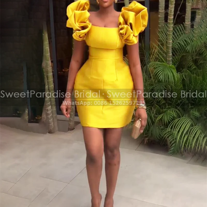 

Коктейльные платья-футляр по индивидуальному заказу с пышными рукавами и квадратным вырезом, короткое золото-желтое атласное платье для выпускного вечера, вечерние