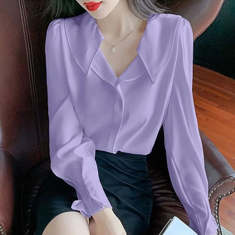 Elegante chiffon sólido solto blusa primavera outono nova manga longa com decote em v simplicidade camisa topos temperamento moda roupas femininas