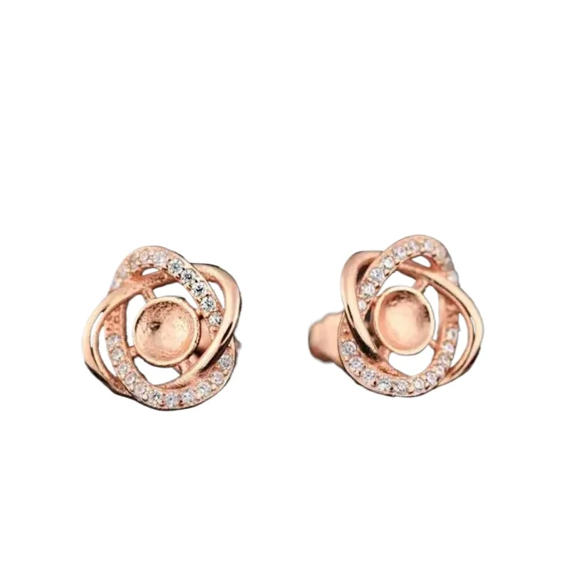 

Sterling Silver 925 Rose Gold Color Crystal Women Stud Earrings Semi Mount For 5-6mm Pearl Round Bead DIY Stone