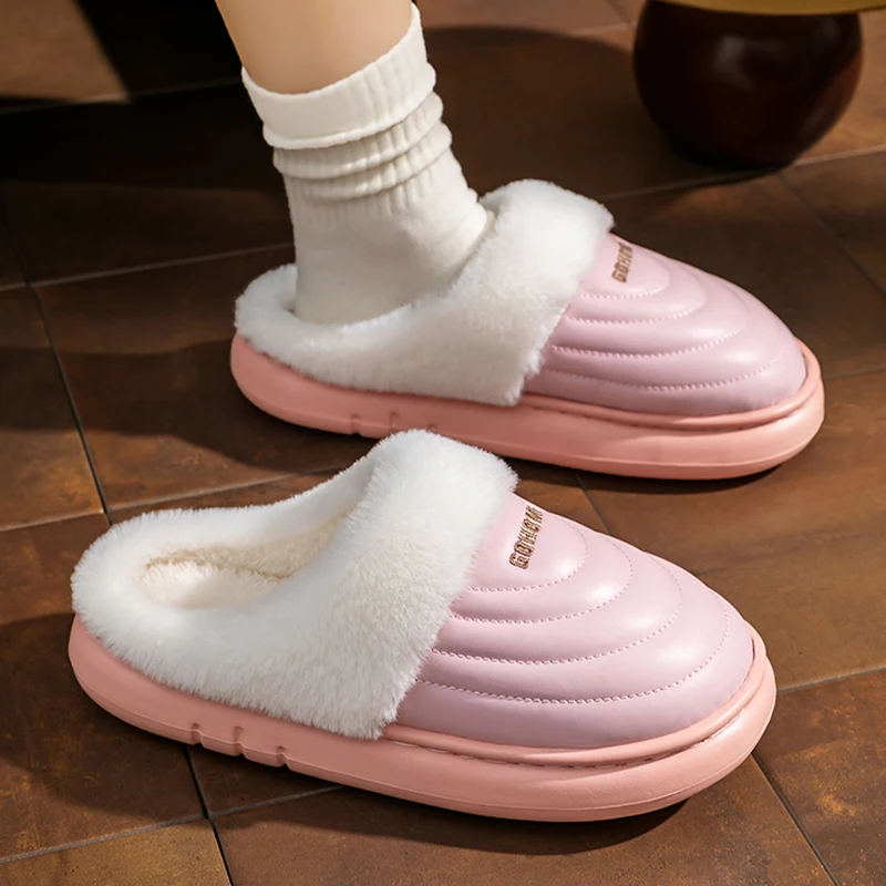 

Women's Men's Winter Warm Plush Slippers Waterproof PU Leather Platform Non-Slip Indoor Outdoor Home Slippers White