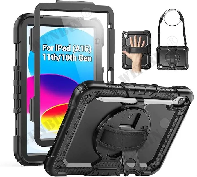 ipad-11th-10th-2022-2025用ケース-重厚型回転式耐衝撃スタンド-ハンドショルダーストラップ付きケース