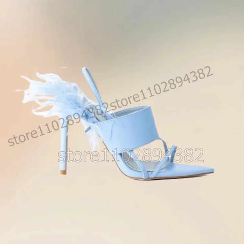 Hemelsblauw Veer Decor Strappy Open Teen Sandalen Slip Op Vrouwen Schoenen Dunne Hoge Hakken Roman Fashion Party 2023 Zapatos Para Mujere