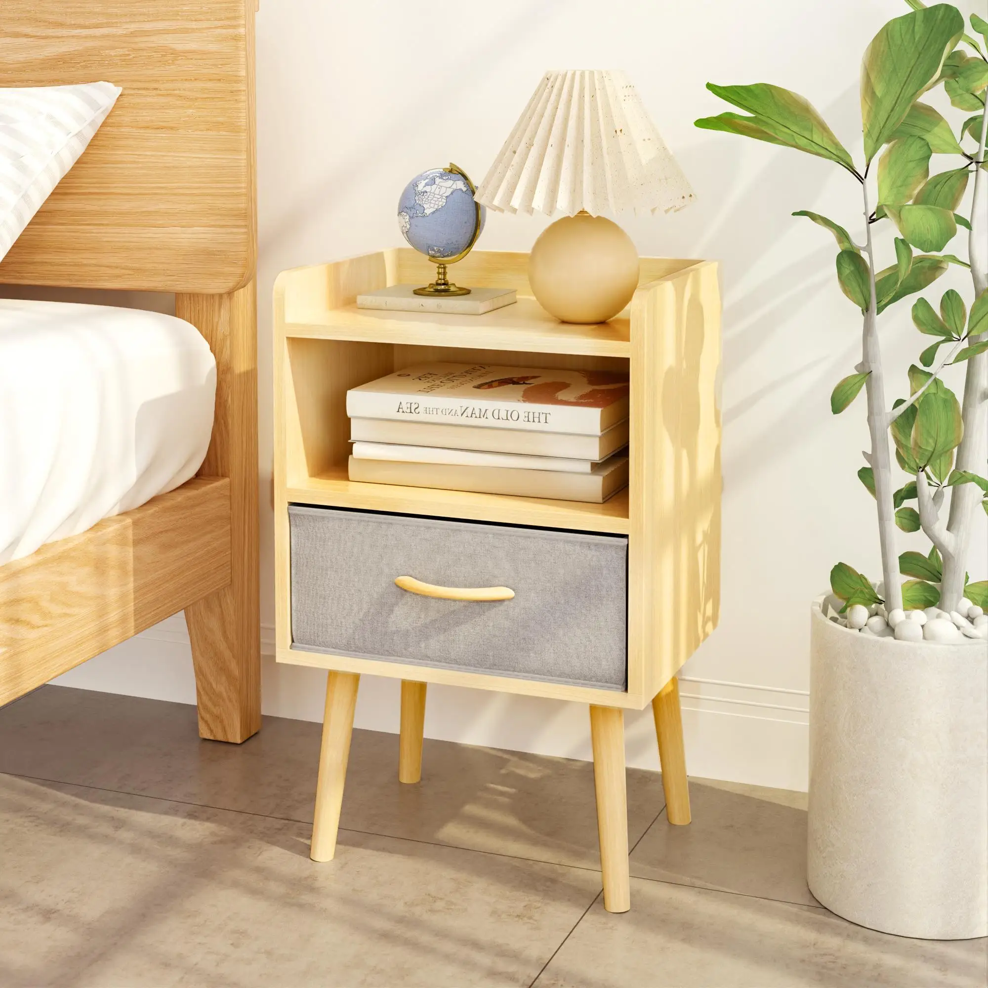 

Collapsible Fabric Drawer Nightstand, 2-Tier Storage Side Table with Wood Cabinet for bedroom & Living Room - Oak Finish