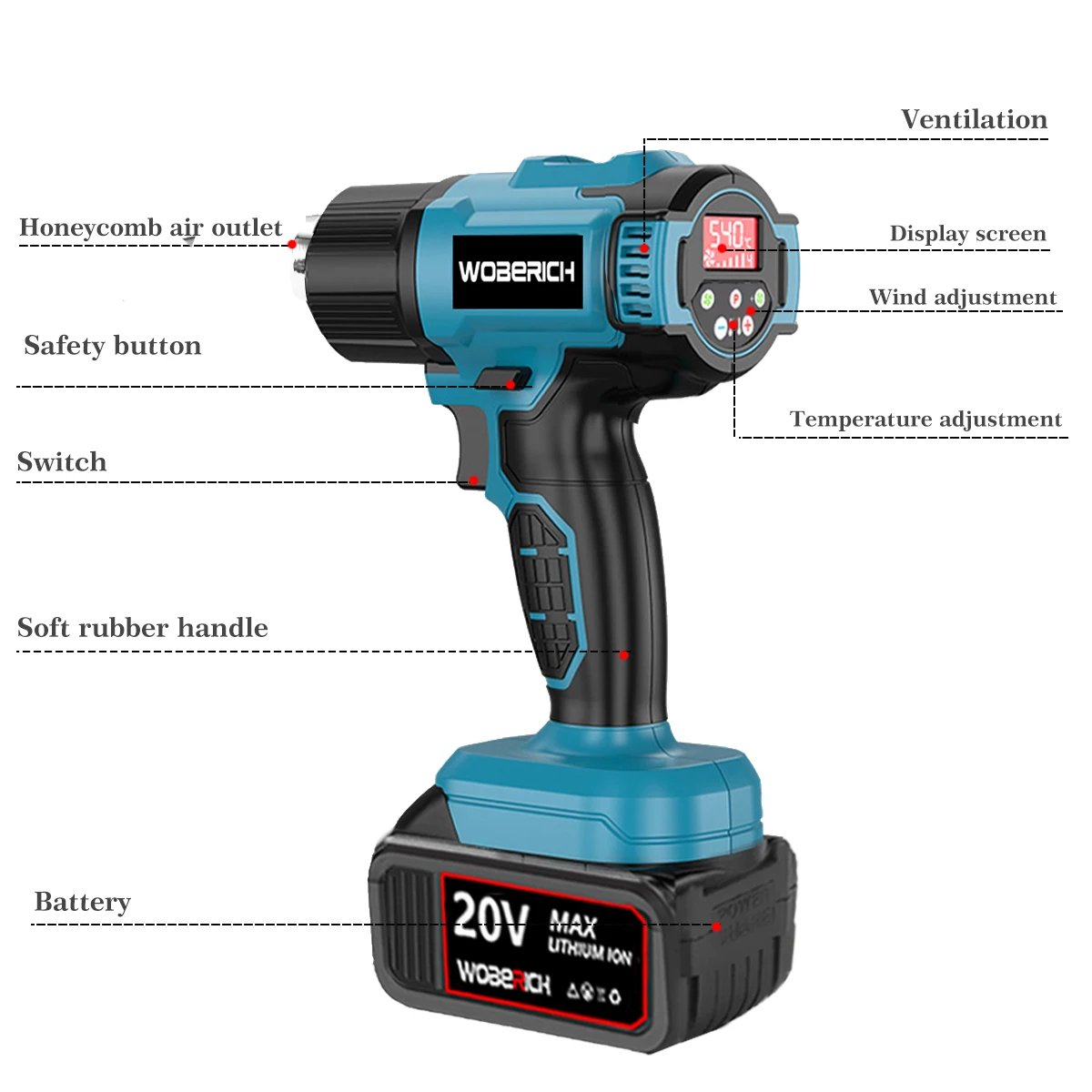 50-540 ℃   Pistola termica senza fili Velocità del vento Regolazione della temperatura opzionale con display della temperatura a LED Pistola ad aria