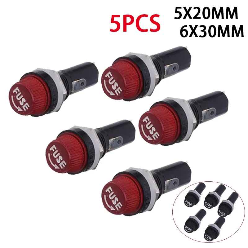 5Pcs 5x20 6X30mm Fuse Holders  Black Insurance Tube Socket Fuse Holder 10A 250V AC 15A 125V AC For 5*20 6*30MM Insurance Panel