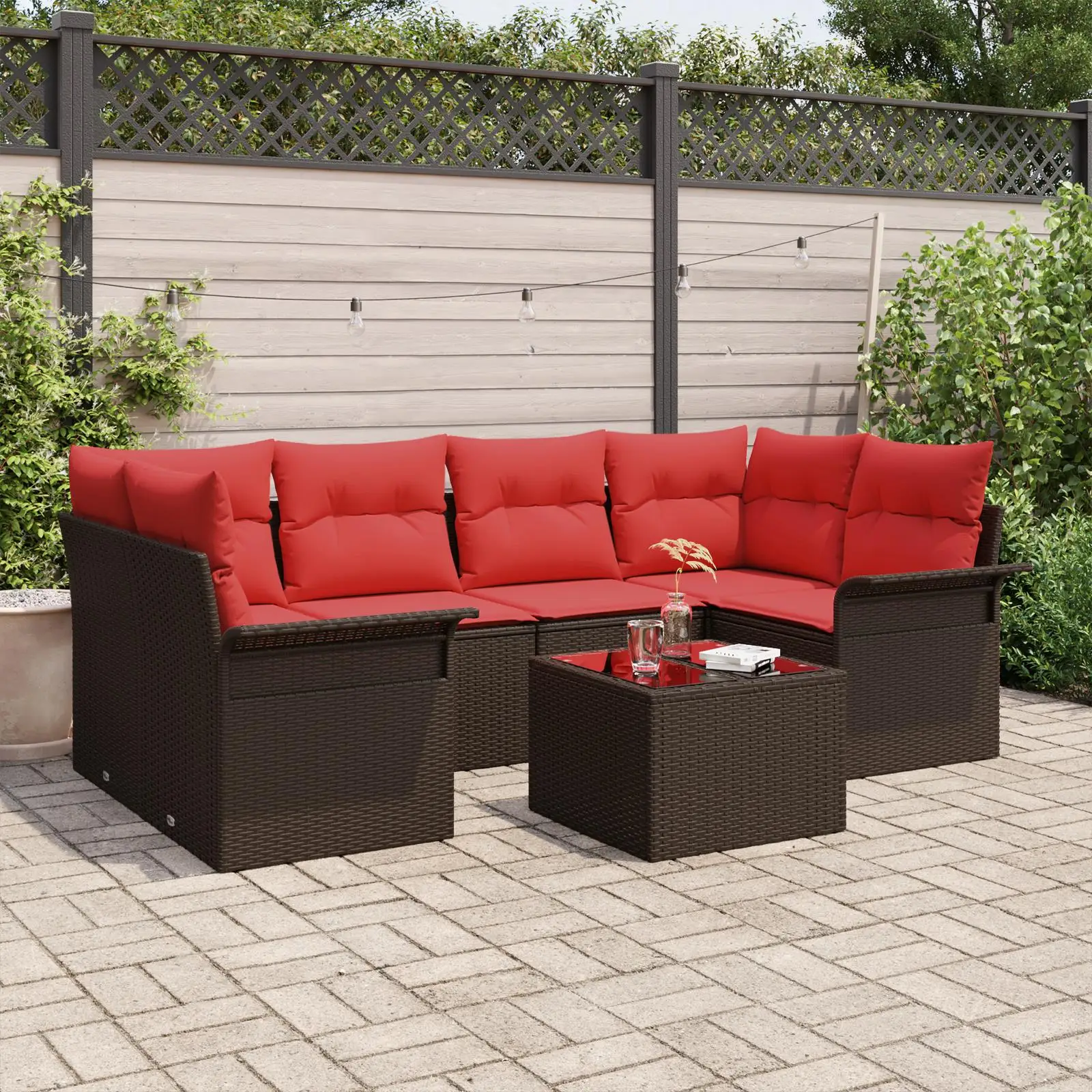 

Comfortable 7 Piece Outdoor Sofa Set with Cushions Brown Poly Rattan Garden Furniture