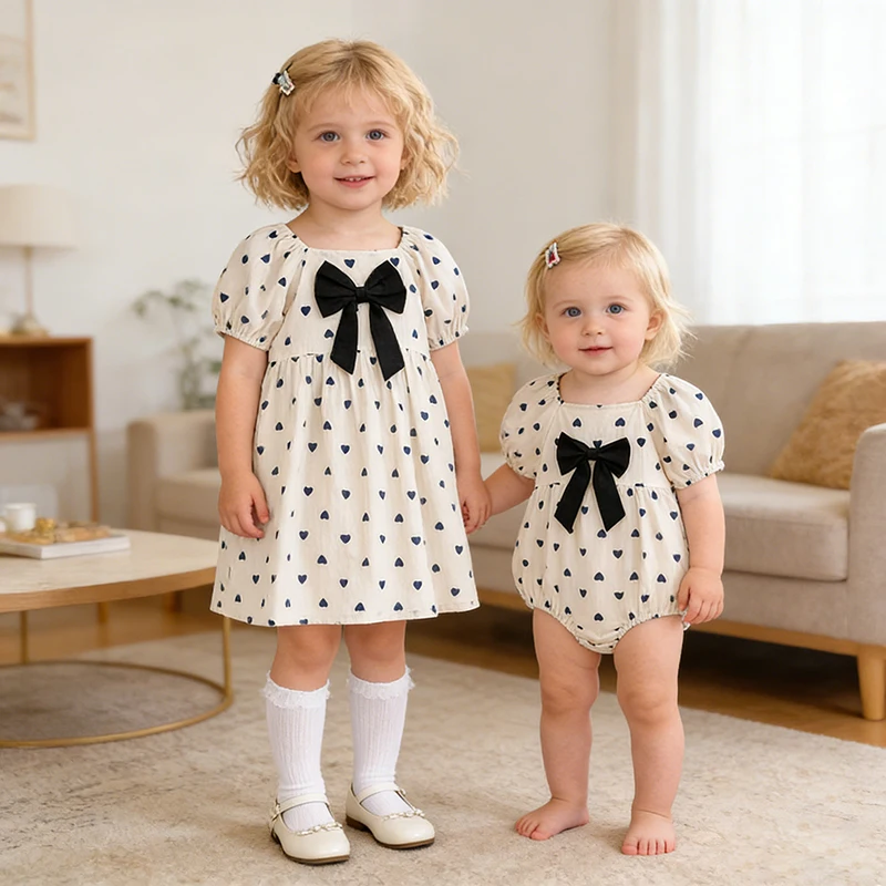 2026 Neues Frühlings-Schwesterkleid 2-6 Jahre Mädchen Partykleid Baumwolle Kinder Herzförmiges Kleid 0-24 Monate Baby Mädchen Kurzarm Bedruckter Strampler – Detail 34