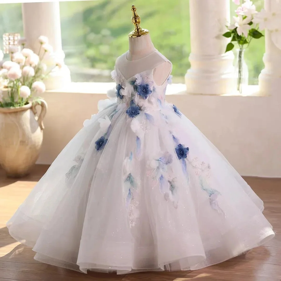Vestido de princesa con flores para niña, falda de tul brillante, vestido acampanado con apliques, vestido personalizado hasta el suelo para bodas y cumpleaños