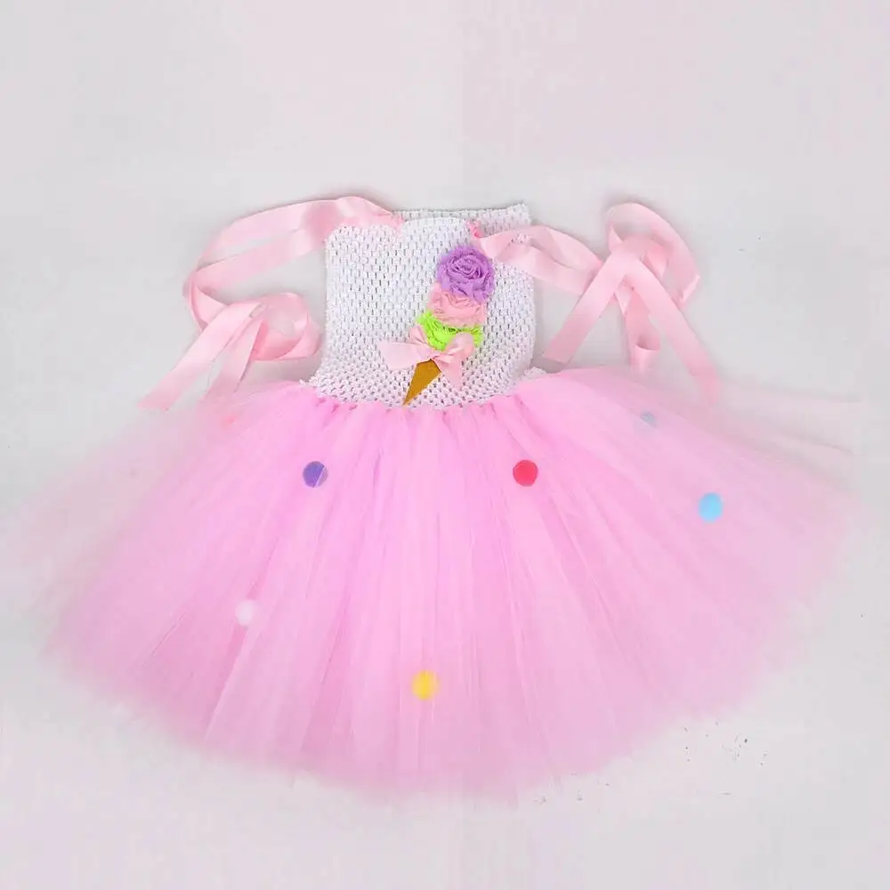 Pink Ice Cream Tutu Dress for Baby Girls Birthday Party Cake Smash Costumes Kids Candyland Outfit with Bow Child Sweet Clothes