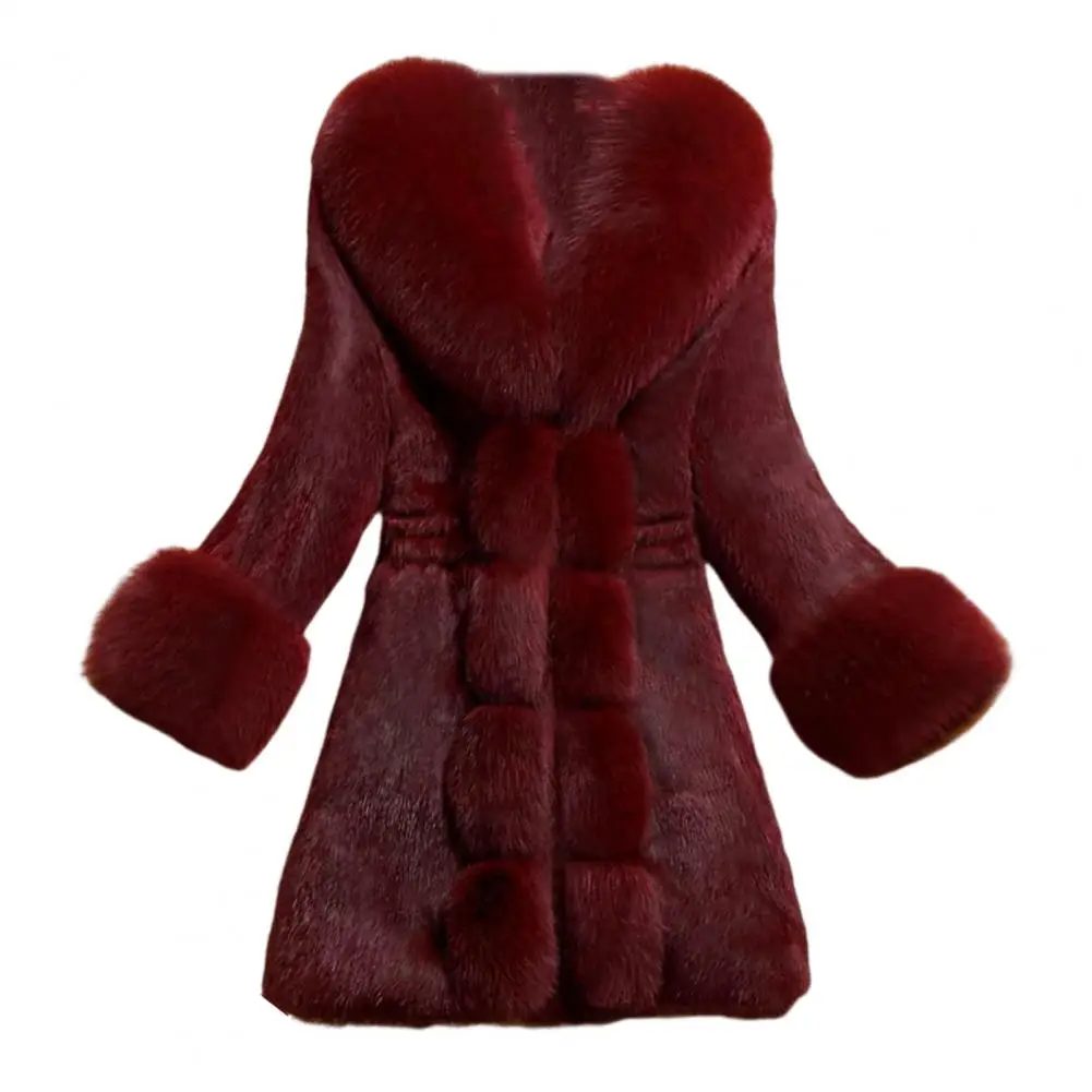 Solid Color Coat Elegant Mid-aged Women's Fuzzy Faux Fur Overcoat with V Neck Elastic Waist Celebrity Prom for Cold-proof