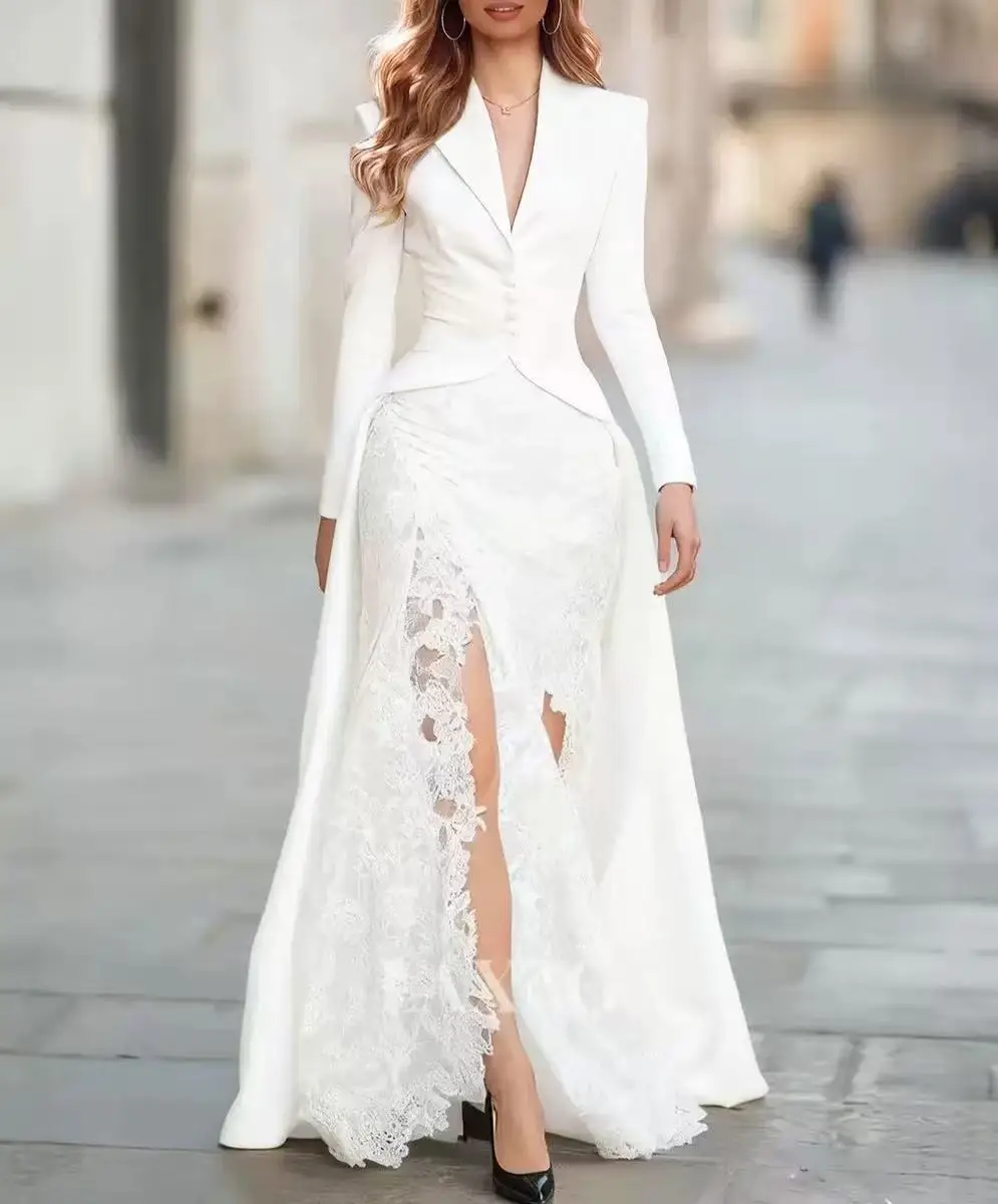 Sexy Damenkleid, zweiteiliges Set, Spitze, aushöhlend, lang, langärmelig, tailliert, Abendkleid, Vestidos, Party, Abschlussball – Detail 5